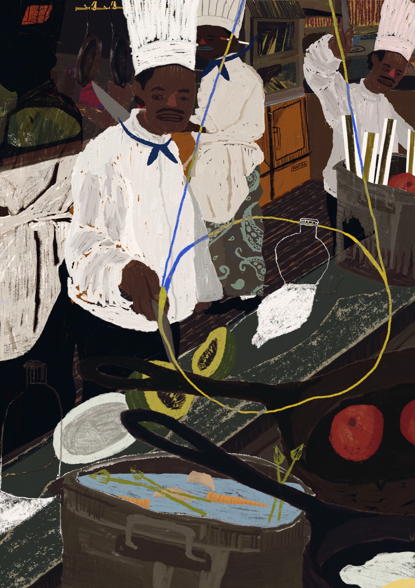 Bhare, "behind the line" — chefs in whites at a kitchen pass, a pot of soup and a halved papaya in the foreground