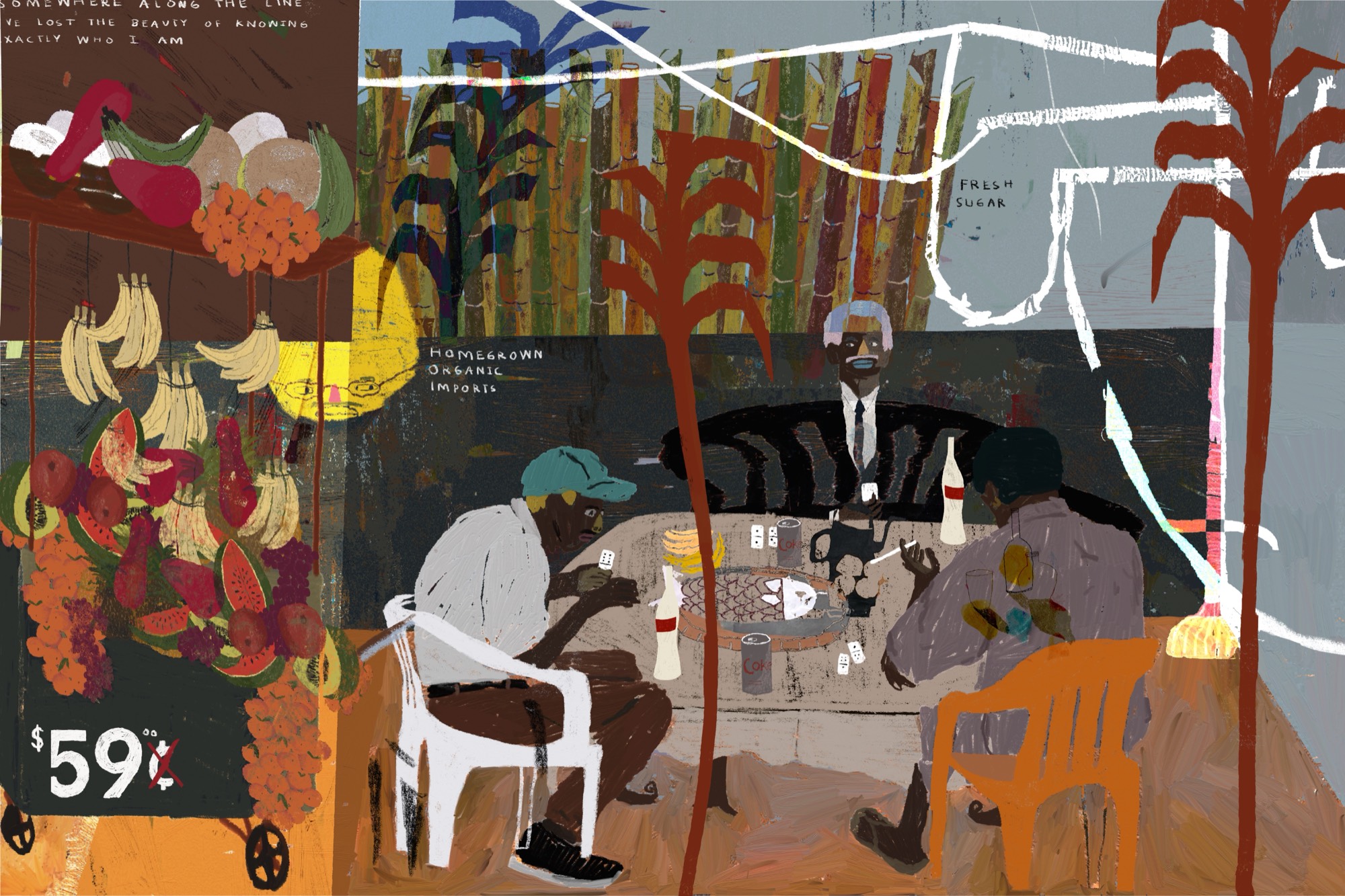 Bhare, "organic imports" — men at a table beside a fruit stand under sugar cane, from the homegrown organic import series