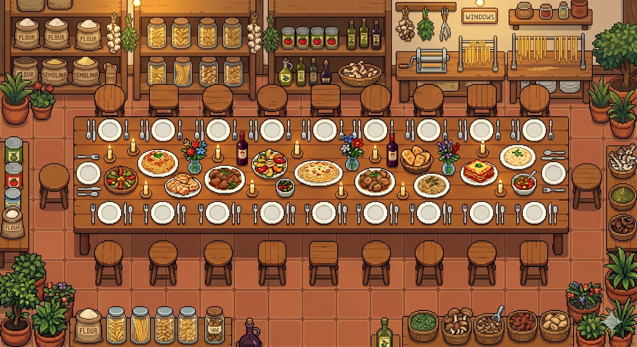 Pixel art view of an empty pasta dinner table