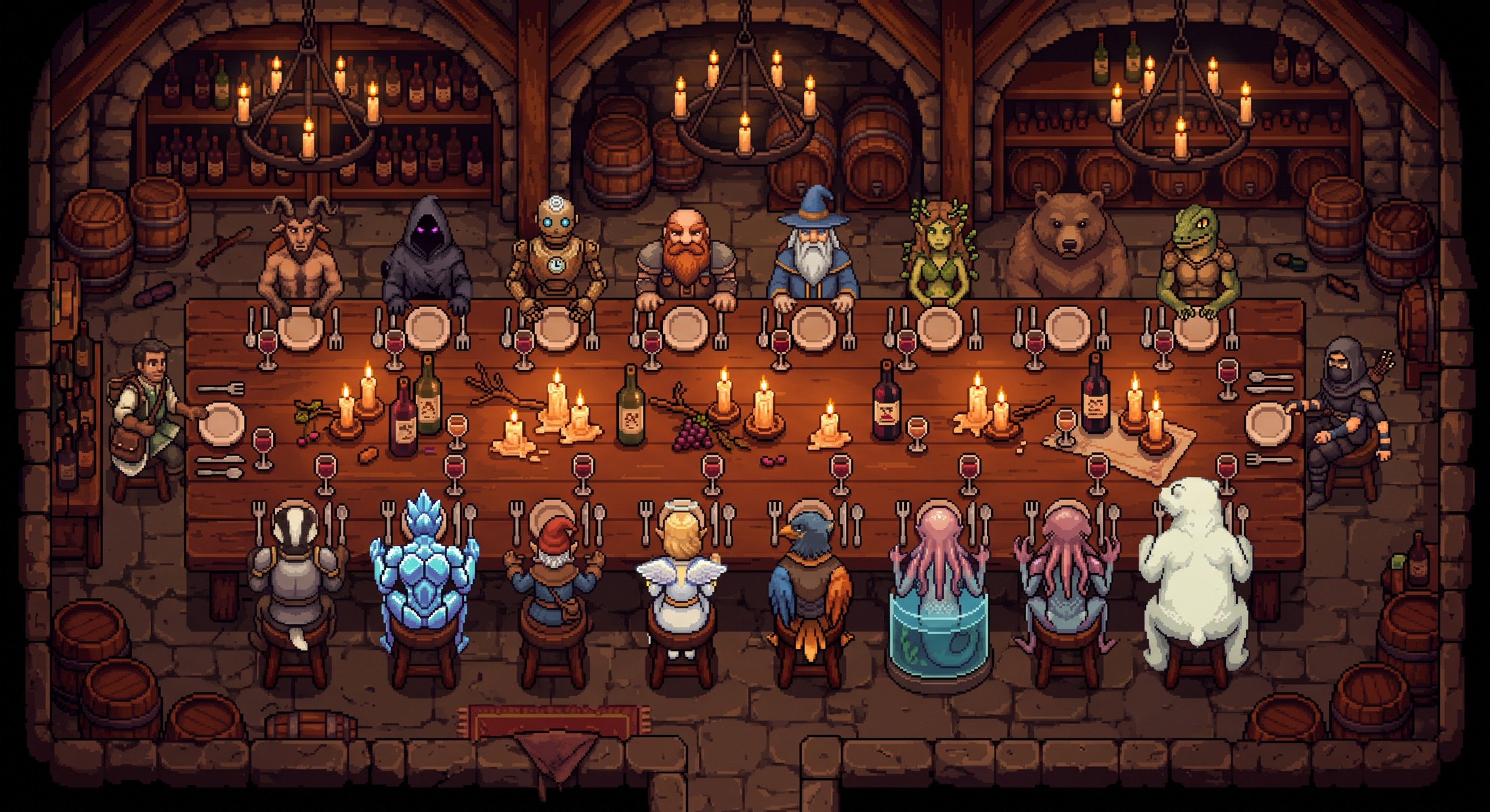 The full table at the WINDOWS Wine Cave Dinner, every seat taken by a pixel-art diner